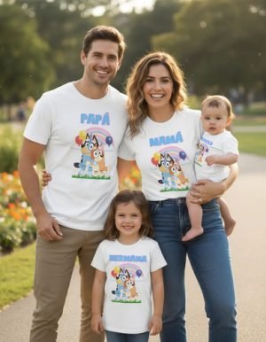 Combo 3 Playeras Y Pañalero Bluey Mamá Papá Hermana Y Bebe