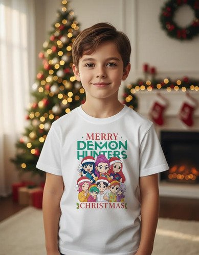 Playera Navideña Demon Hunters Huntrix Infantil Blanca