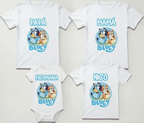 Combo 3 Playeras Y Pañalero Bluey Mamá Papá Hermana Y Bebe