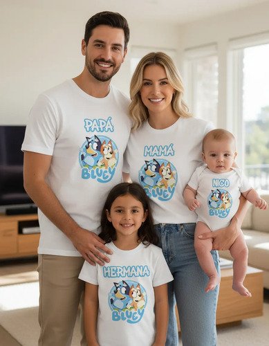Combo 3 Playeras Y Pañalero Bluey Mamá Papá Hermana Y Bebe