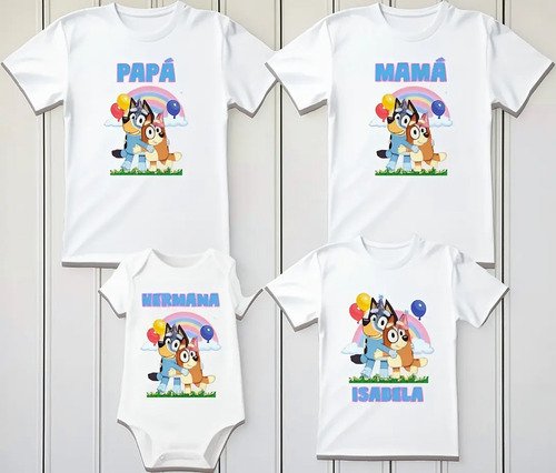 Combo 3 Playeras Y Pañalero Bluey Mamá Papá Hermana Y Bebe