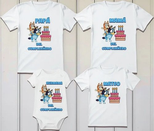 Combo 3 Playeras Y Pañalero Bluey Mamá Papá Hermana Y Bebe