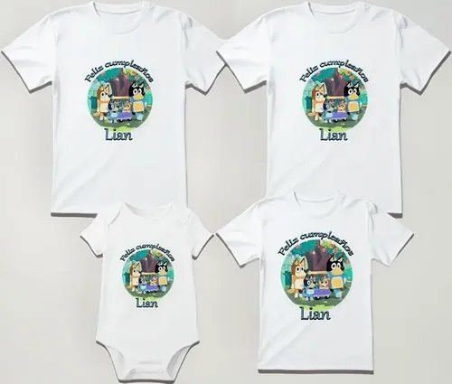 Combo 3 Playeras Y Pañalero Bluey Mamá Papá Hermana Y Bebe