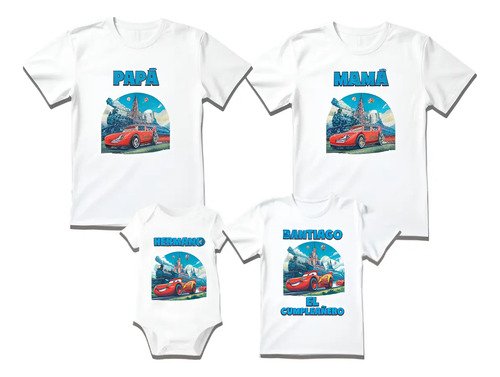 Combo 3 Playeras Y Pañalero Cars Mamá Papá Hermana Y Bebe